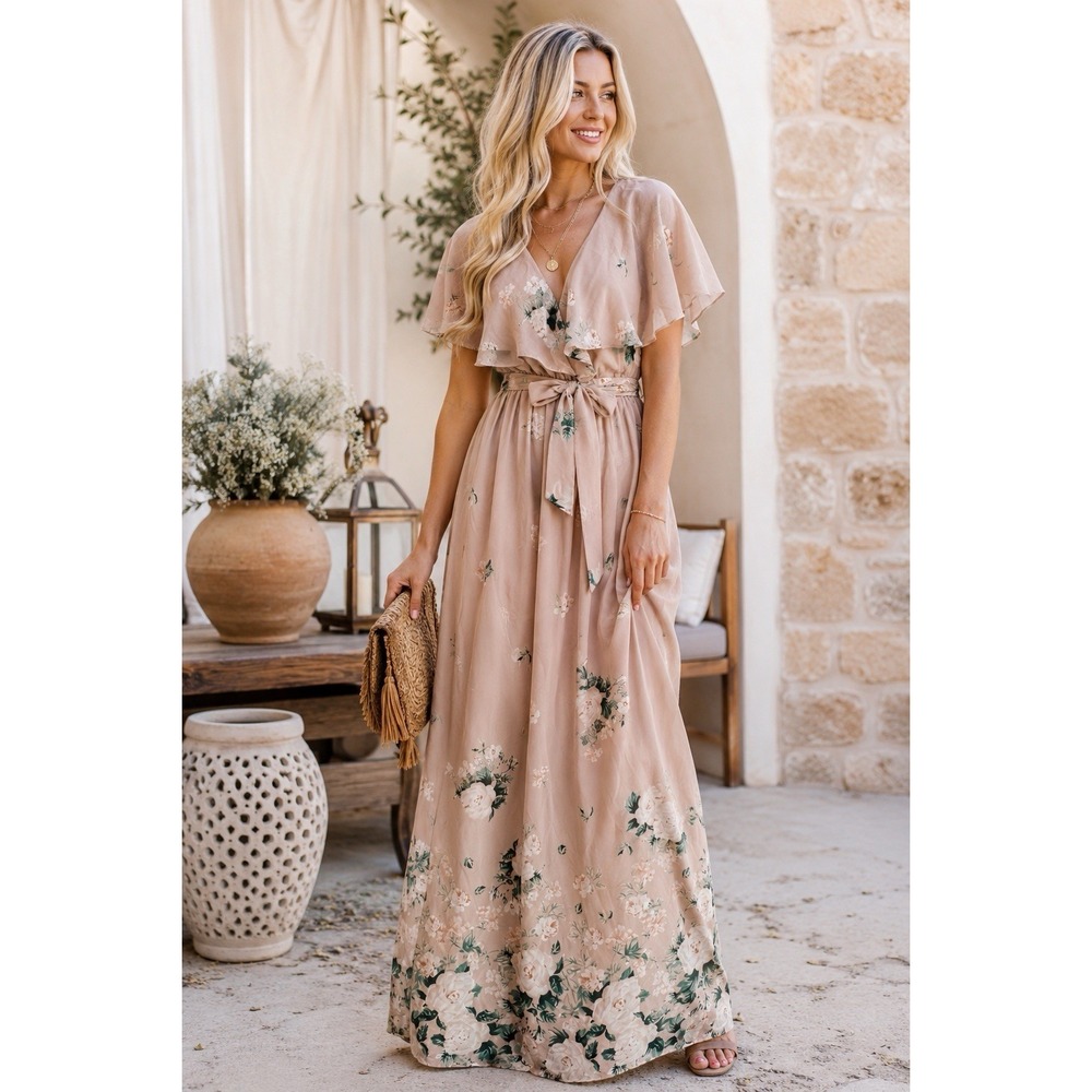 Show Me Your MuMu Maxi Dress M AUDREY Blush Floral‎ Ruffle Wrap Front Chiffon